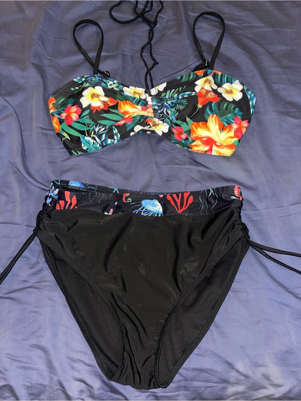 SHEIN Black Floral Bandeau Bikini with Tropical Print